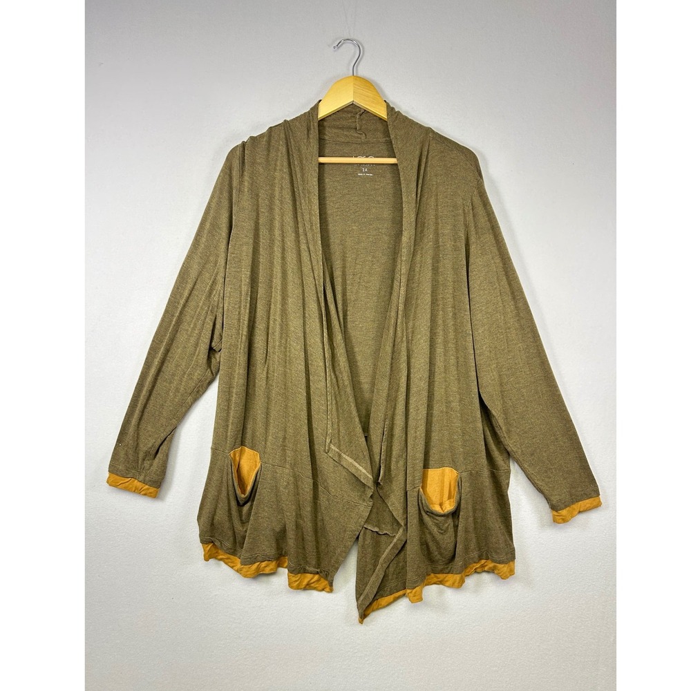 Earthy Lagenlook LOGO by Lori Goldstein Women 2X Olive Green Contrast Cardigan